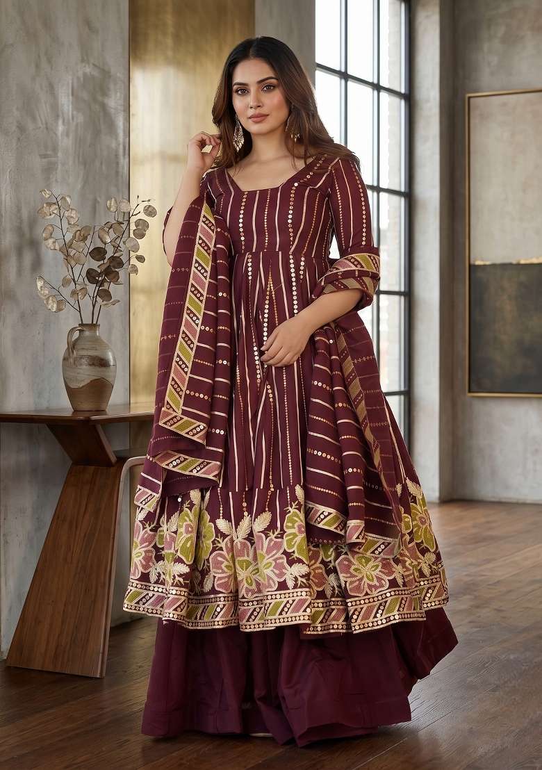 Wine Embroidered Georgette Sharara Set - Indya