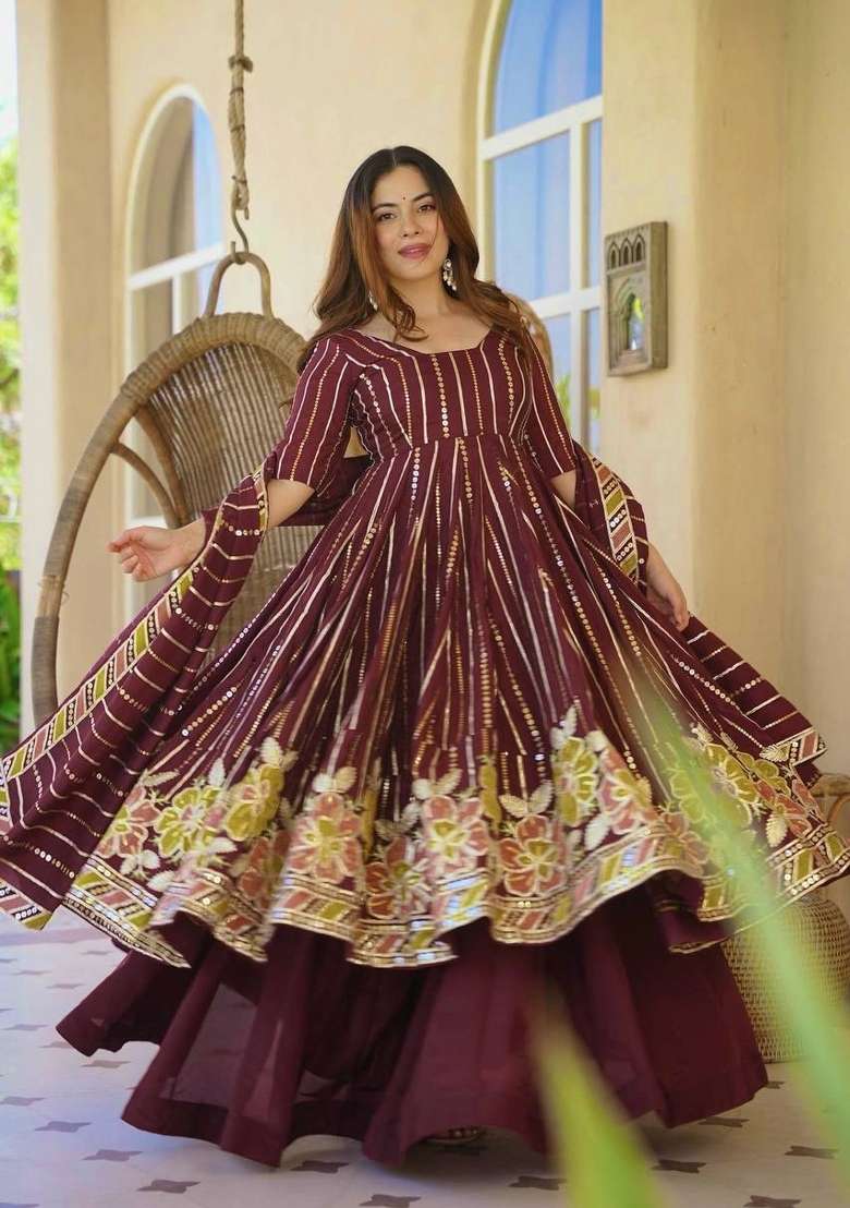 Wine Embroidered Georgette Sharara Set - Indya