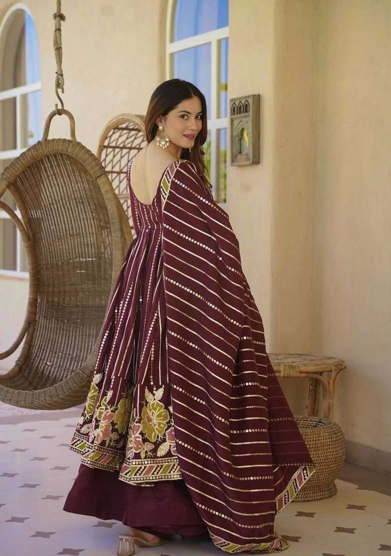 Wine Embroidered Georgette Sharara Set - Indya