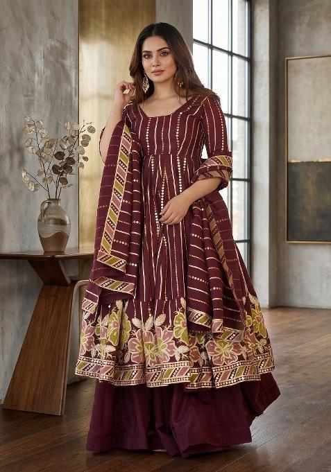 Wine Embroidered Georgette Sharara Set