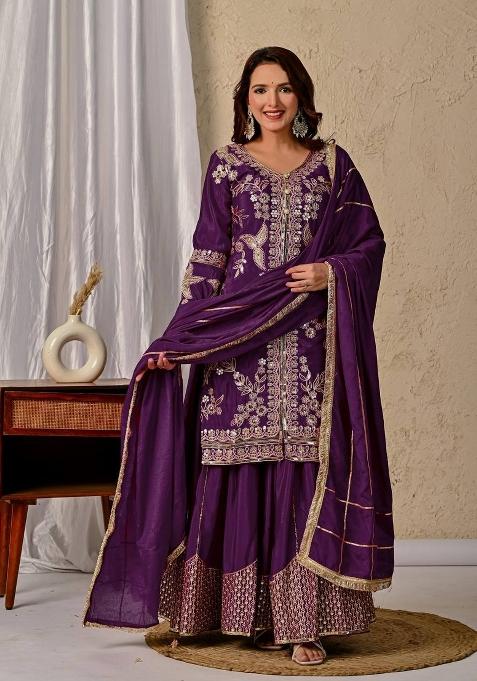 Royal Purple Embroidered Silk Sharara Set