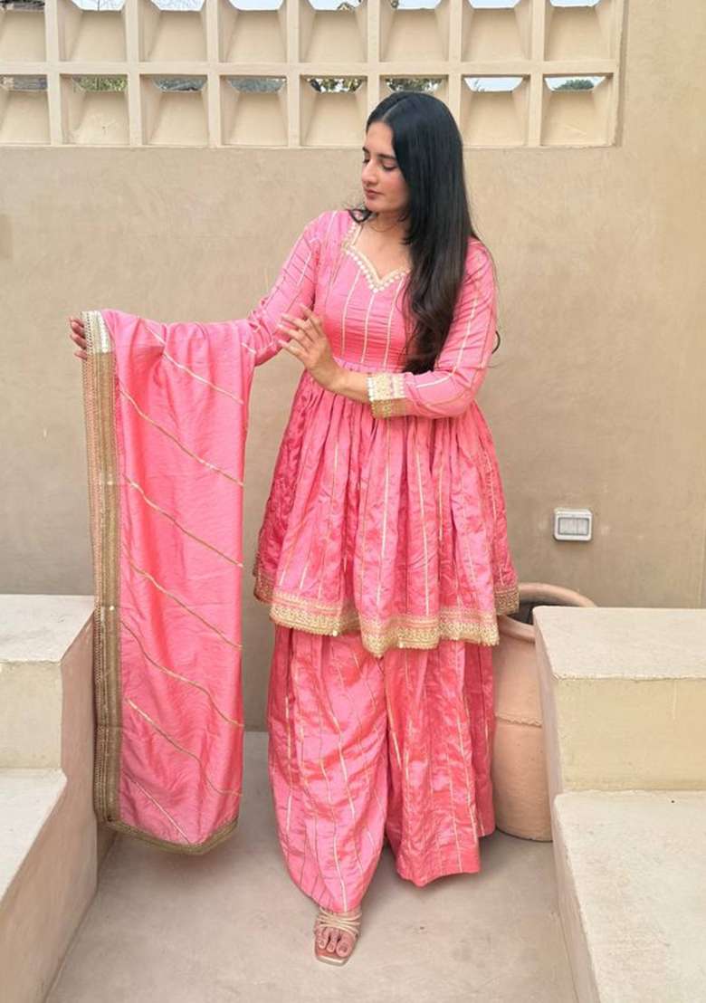 Pink Embroidered Silk Sharara Set - Indya