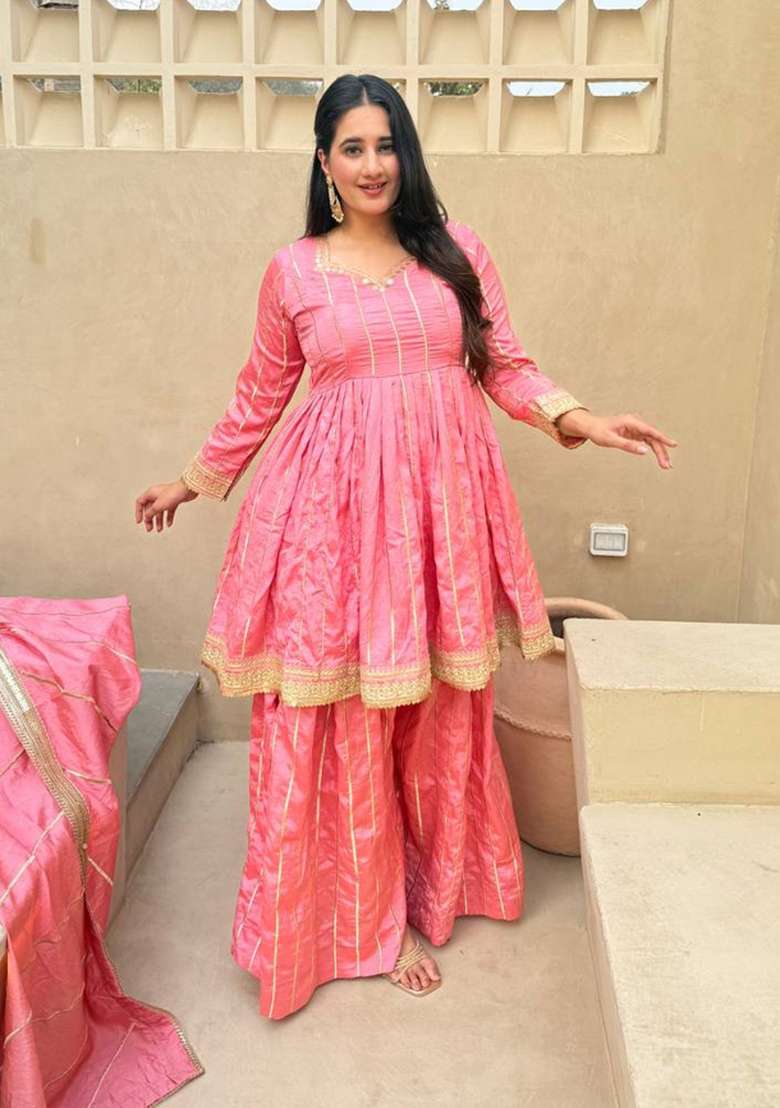 Pink Embroidered Silk Sharara Set - Indya