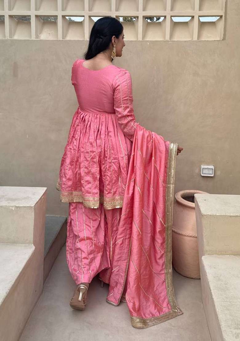 Pink Embroidered Silk Sharara Set - Indya
