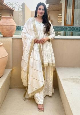 Off White Embroidered Silk Sharara Set