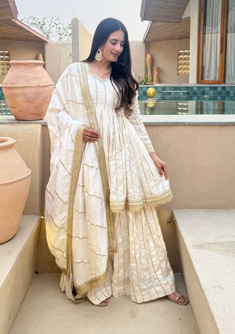 Off White Embroidered Silk Sharara Set - Indya