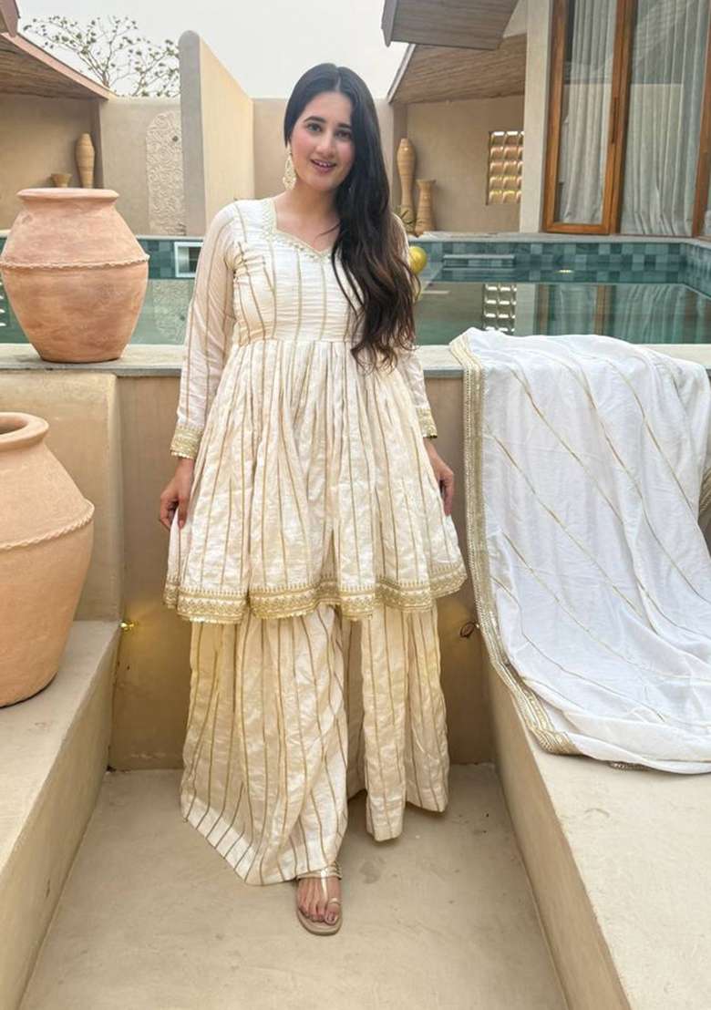 Off White Embroidered Silk Sharara Set - Indya