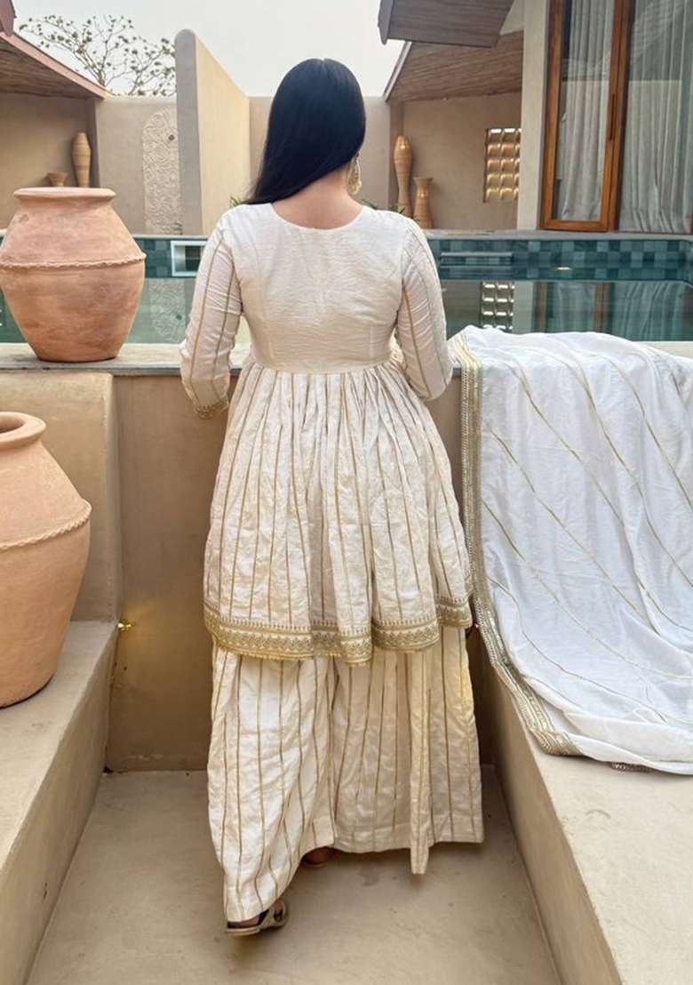 Off White Embroidered Silk Sharara Set - Indya