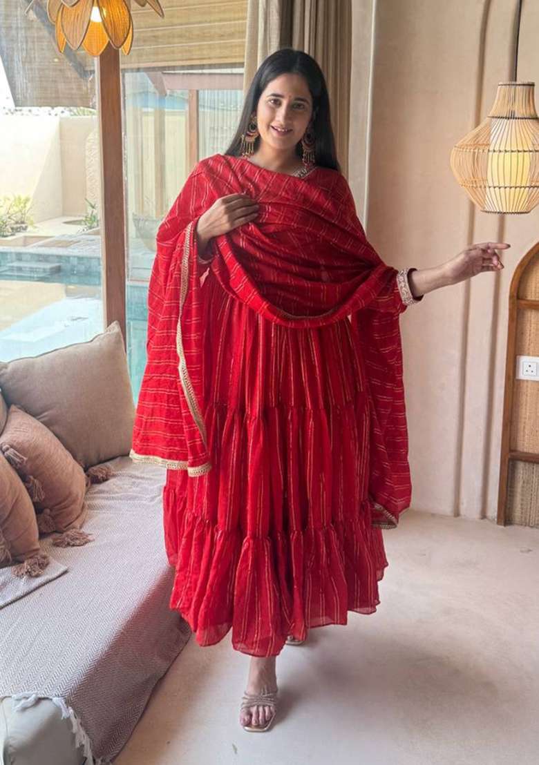 Red Printed Silk Sharara Set - Indya