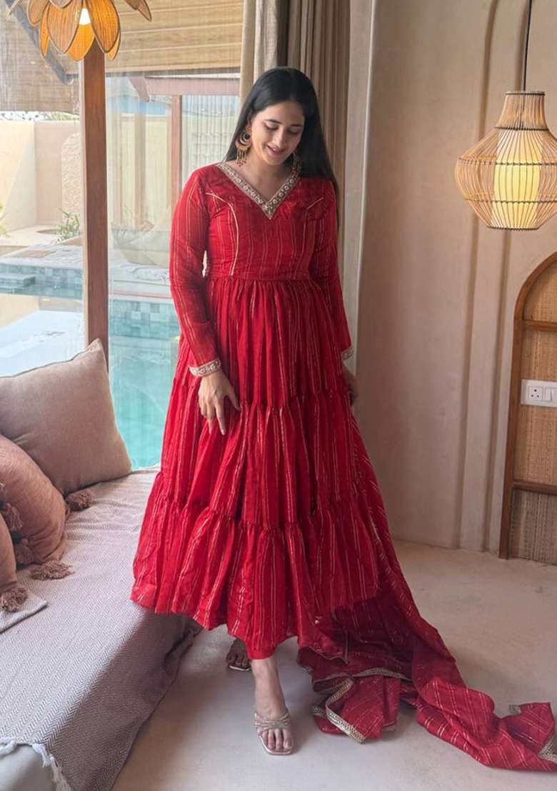 Red Printed Silk Sharara Set - Indya