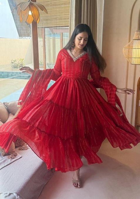 Red Printed Silk Sharara Set