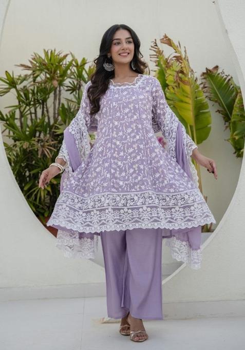 Lavender Embroidered Cotton Sharara Set