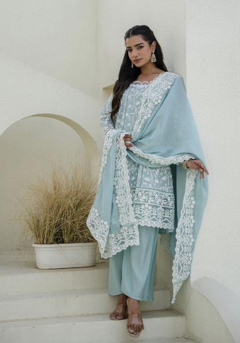 Aqua Blue Embroidered Cotton Sharara Set