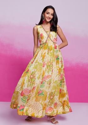 Lime Yellow Printed Organza Gown