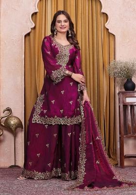 Wine Embroidered Silk Sharara Set