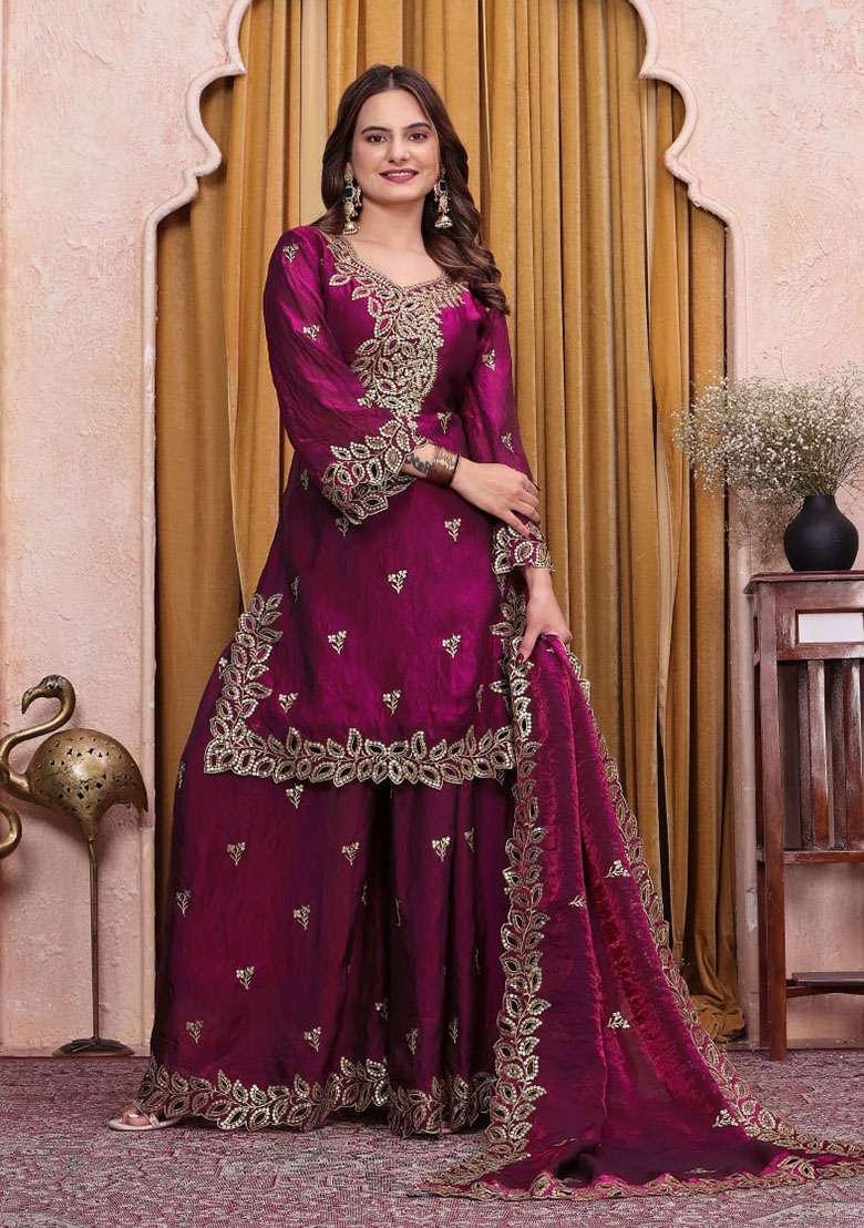 Wine Embroidered Silk Sharara Set - Indya