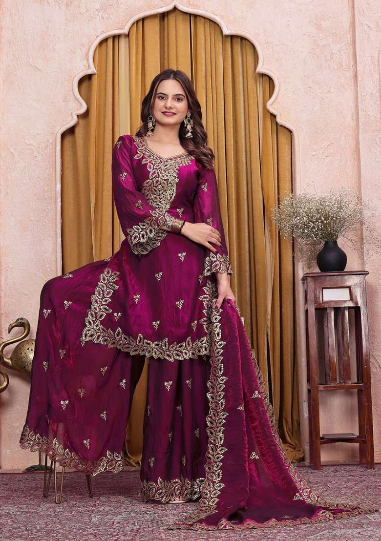 Wine Embroidered Silk Sharara Set - Indya