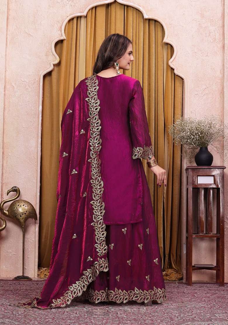 Wine Embroidered Silk Sharara Set - Indya