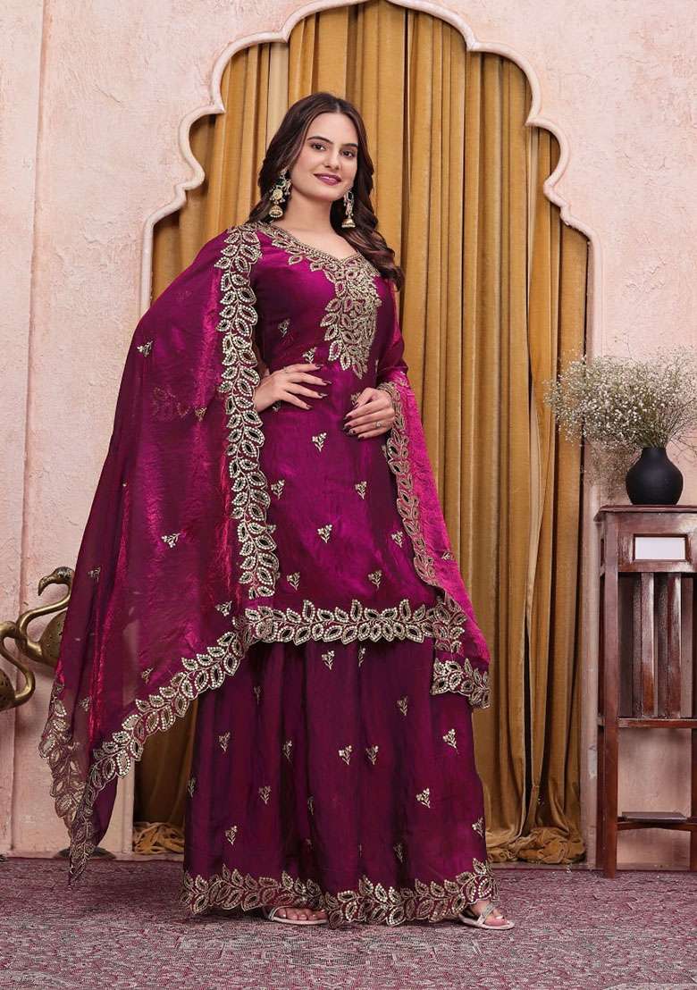 Wine Embroidered Silk Sharara Set - Indya