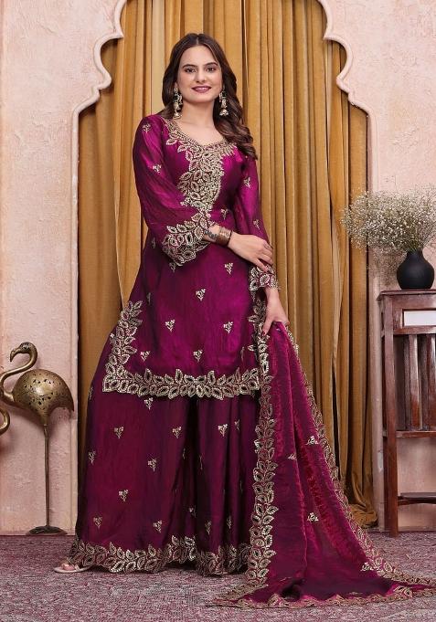 Wine Embroidered Silk Sharara Set