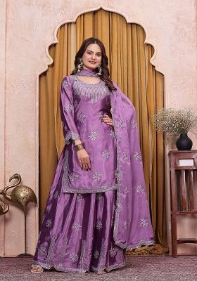 Purple Embroidered Silk Sharara Set