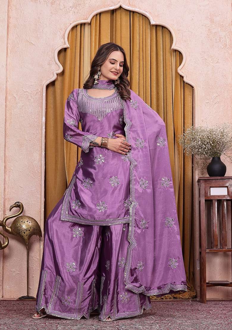 Purple Embroidered Silk Sharara Set - Indya