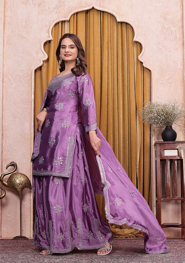 Purple Embroidered Silk Sharara Set - Indya