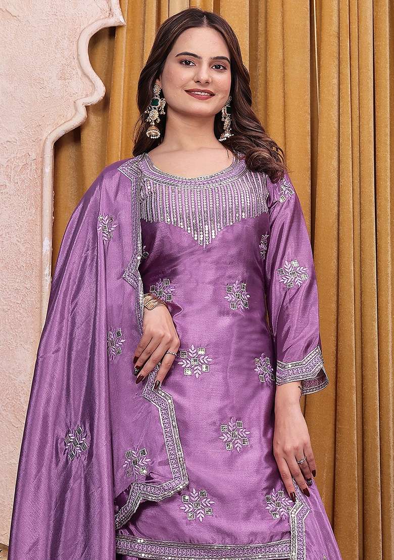 Purple Embroidered Silk Sharara Set - Indya