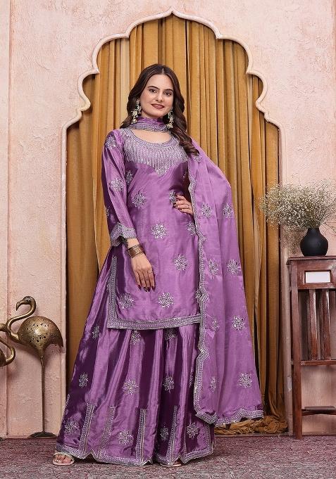 Purple Embroidered Silk Sharara Set