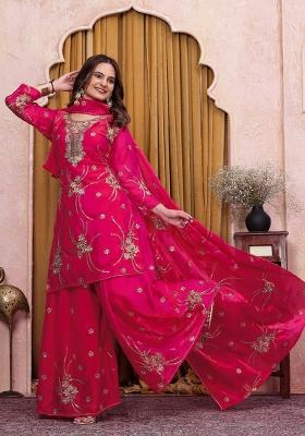 Pink Embroidered Silk Sharara Set