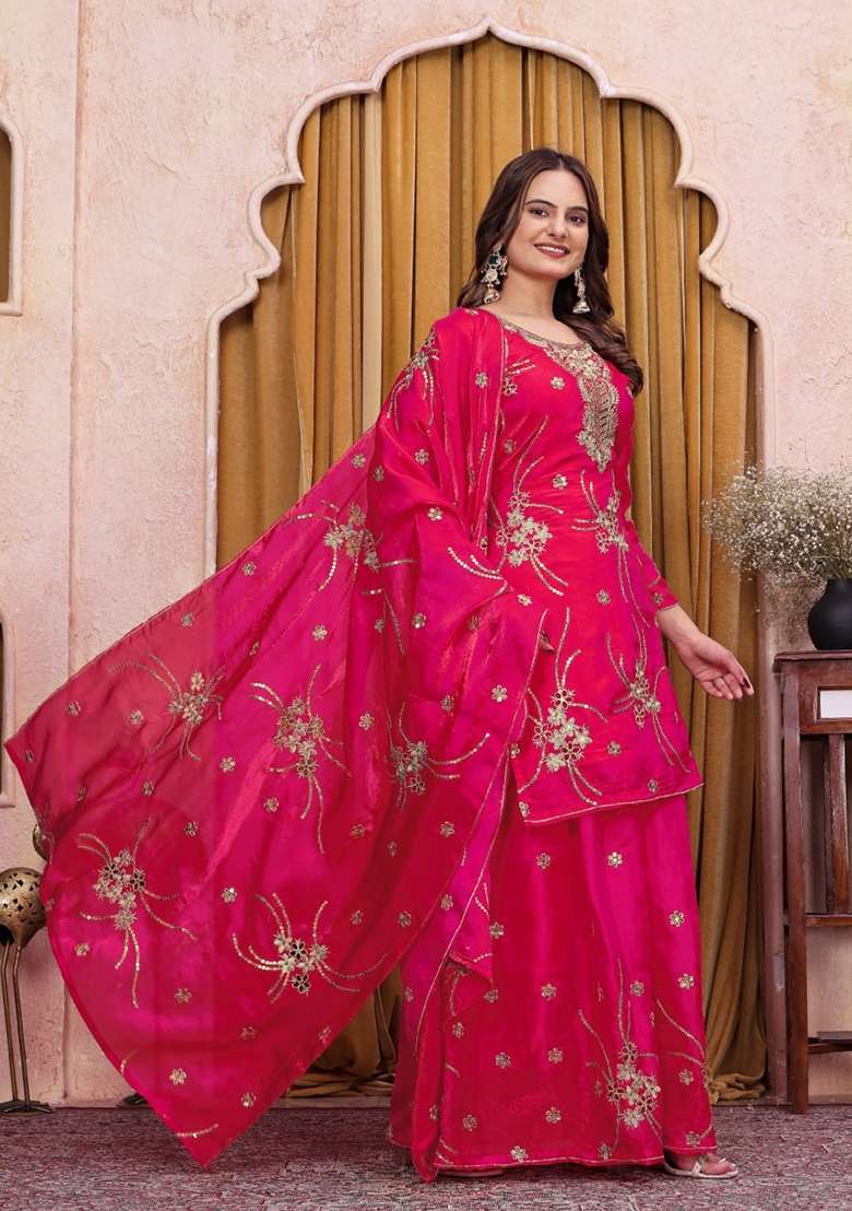 Pink Embroidered Silk Sharara Set - Indya