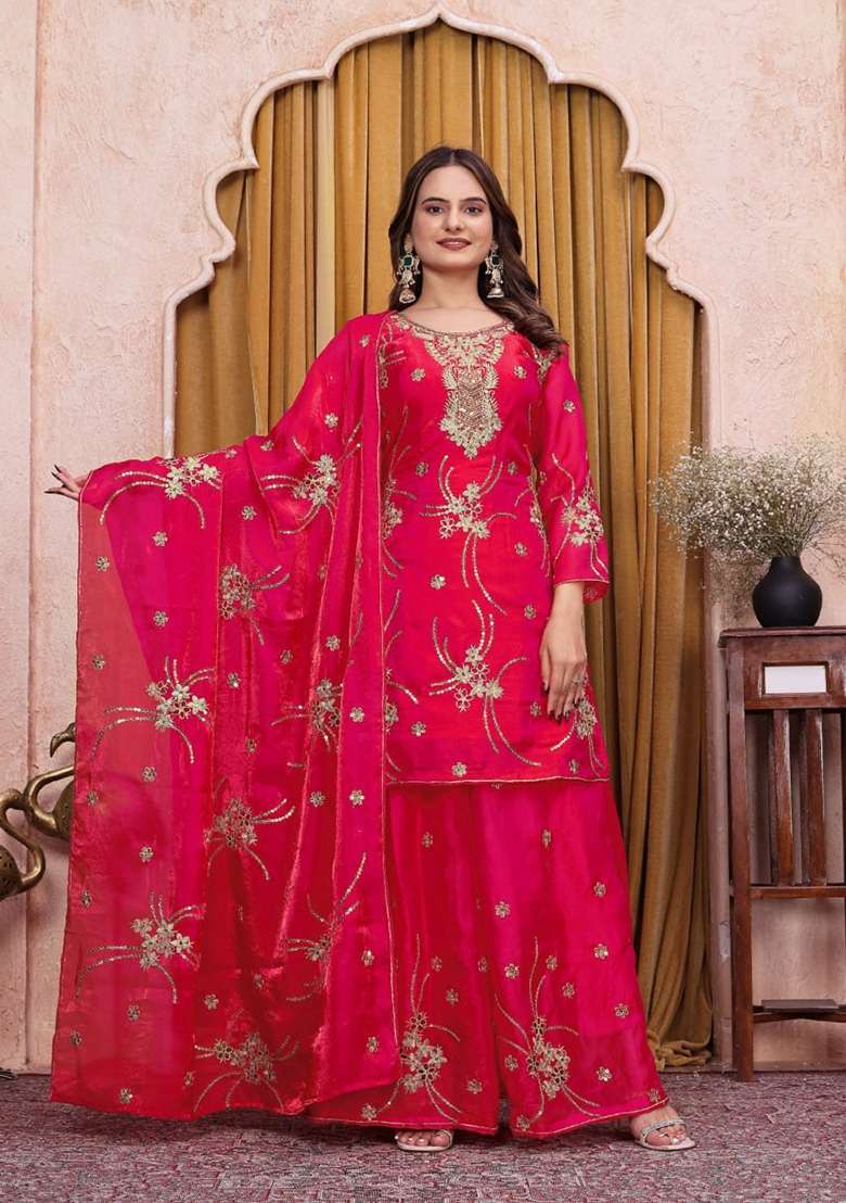 Pink Embroidered Silk Sharara Set - Indya