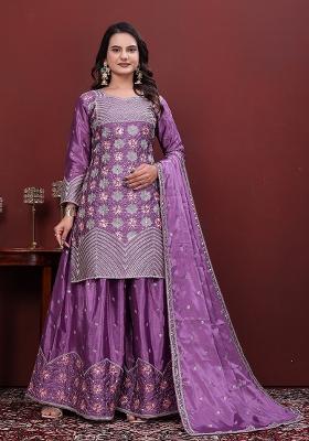 Lavender Embroidered Silk Sharara Set