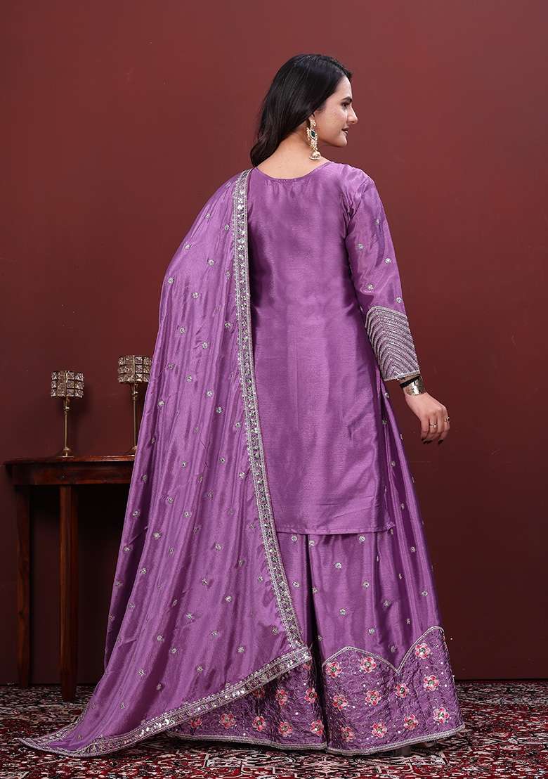 Lavender Embroidered Silk Sharara Set - Indya