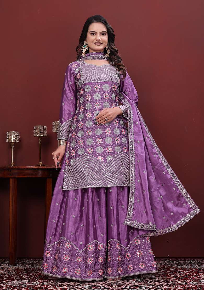 Lavender Embroidered Silk Sharara Set - Indya