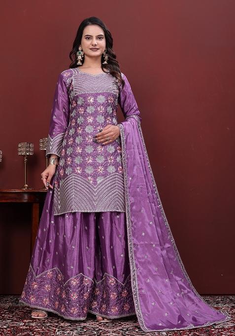 Lavender Embroidered Silk Sharara Set
