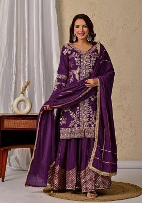 Purple Embroidered Silk Sharara Set