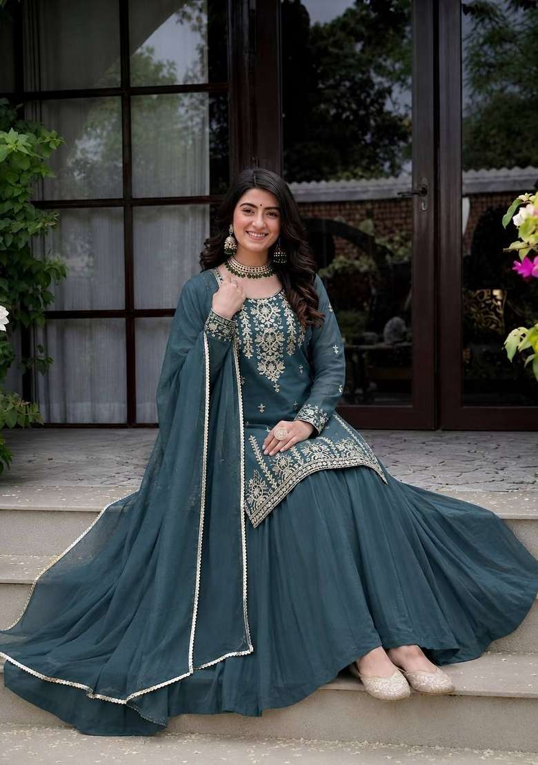 Green Embroidered Silk Sharara Set - Indya