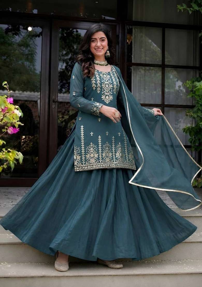 Green Embroidered Silk Sharara Set - Indya