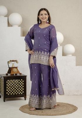 Purple Embroidered Silk Sharara Set