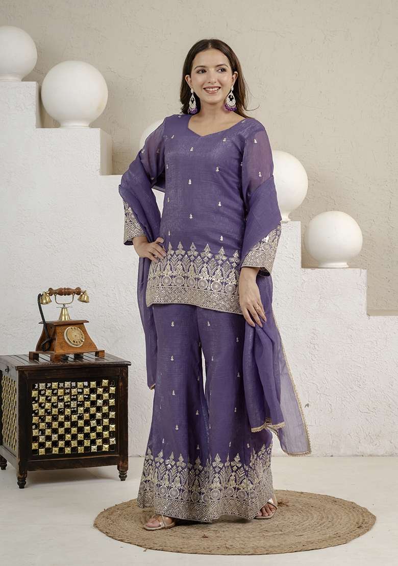 Purple Embroidered Silk Sharara Set - Indya