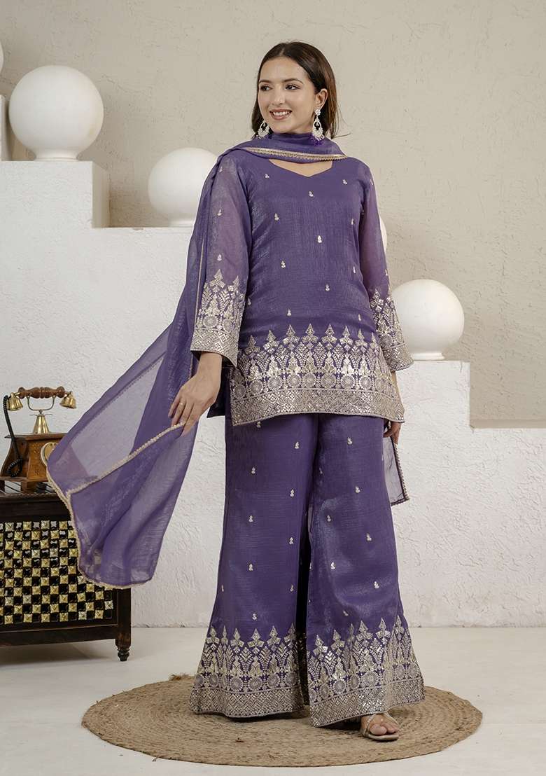 Purple Embroidered Silk Sharara Set - Indya