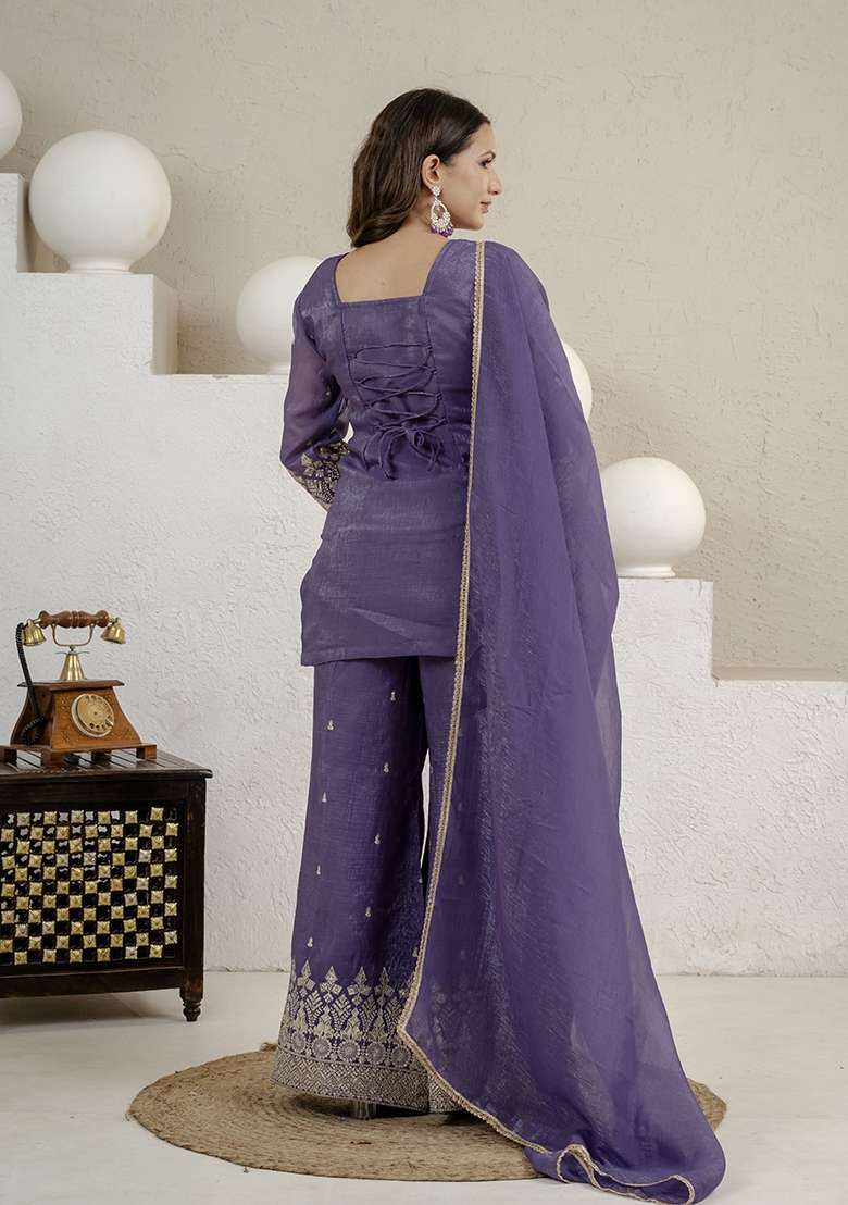 Purple Embroidered Silk Sharara Set - Indya