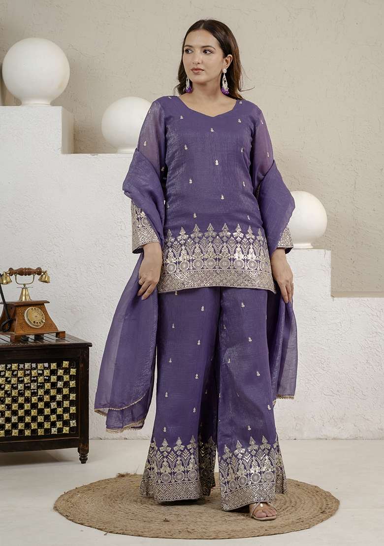 Purple Embroidered Silk Sharara Set - Indya
