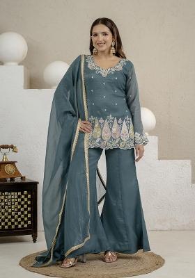 Rama Green Embroidered Silk Sharara Set