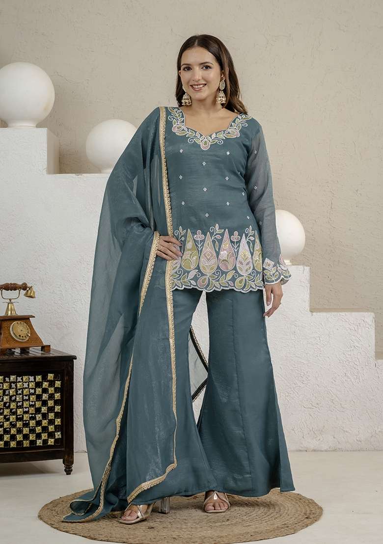Rama Green Embroidered Silk Sharara Set - Indya