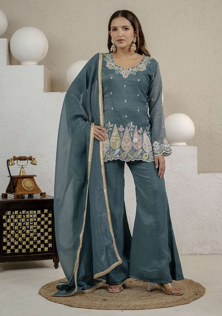 Rama Green Embroidered Silk Sharara Set - Indya