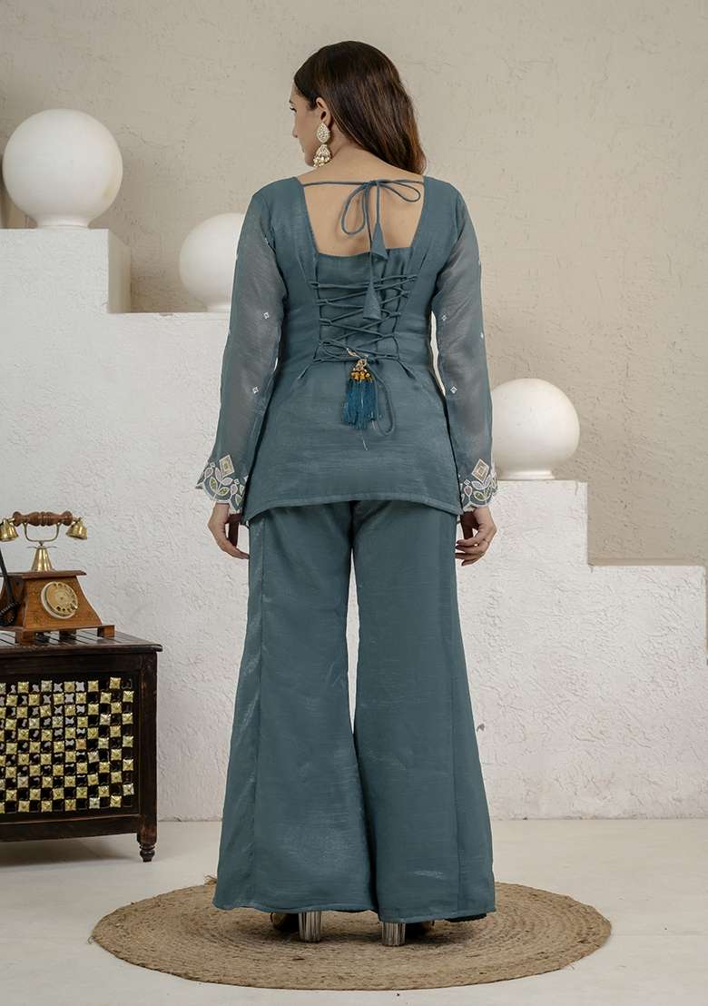 Rama Green Embroidered Silk Sharara Set - Indya