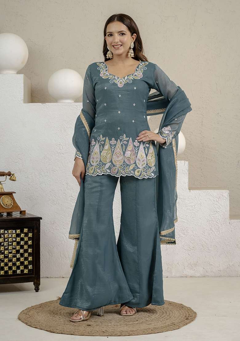 Rama Green Embroidered Silk Sharara Set - Indya