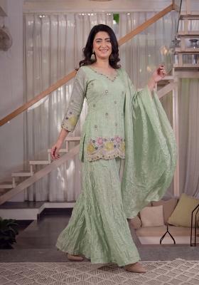 Light Green Embroidered Silk Sharara Set